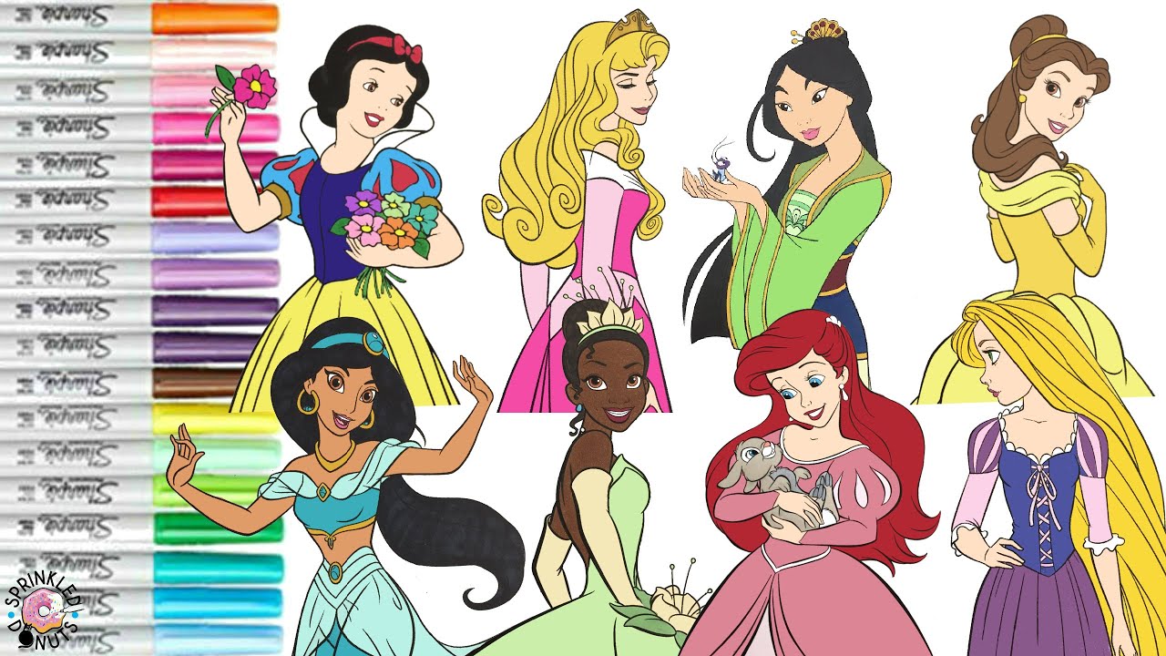 Disney Princess Coloring Book Compilation Tiana Jasmine Mulan Belle Ariel Aurora Rapunzel Snow White