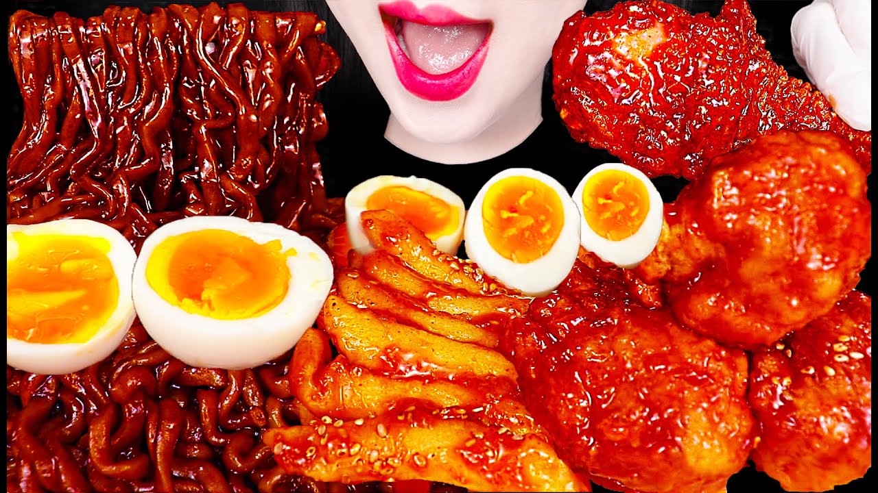 ASMR Fried Chicken, Noodles, Fried Rice Cake 처갓집 양념 치킨, 짜파게티, 떡꼬치 먹방 Mukbang, Eating