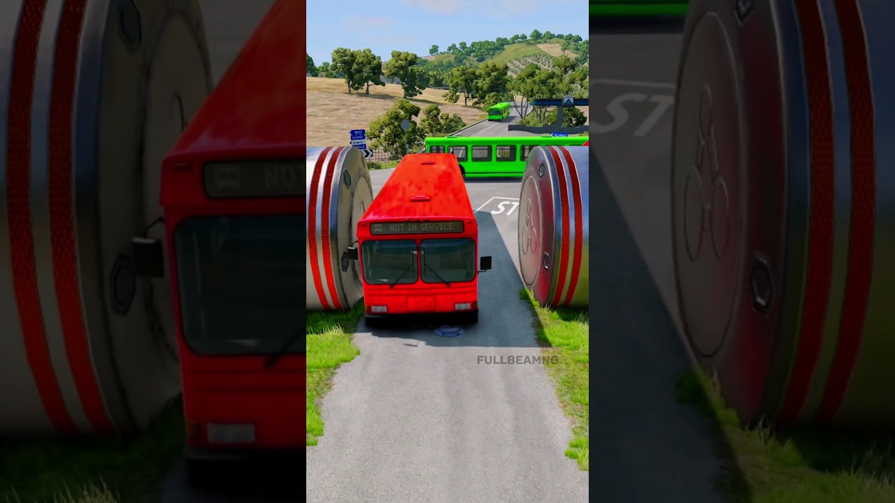 Red and Green bus Bollard Crash #beamng #bus #beamngdrive #shorts