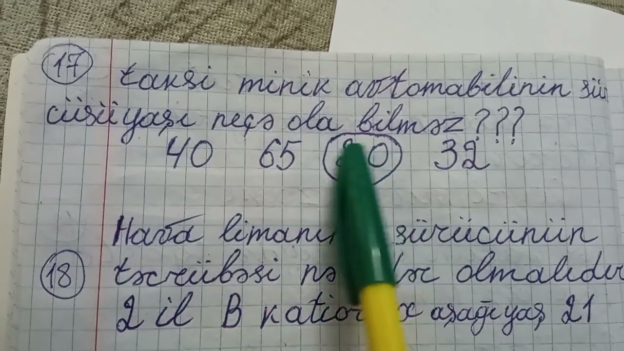 Taksi minik avtomobilinin sürücüsü sertifikat almaq üçün imtahana düşən suallar və cavablar bölüm 1.