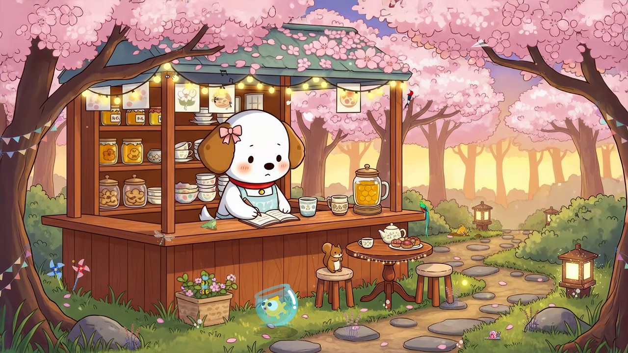 Cute Sakura Shop 🌸 Lofi Puppy Beats to Relax 🐶 Peaceful Springtime for Deep Study & Sleep