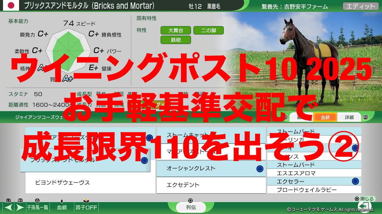 ウイニングポスト10 2025攻略　お手軽基準交配で成長限界110を出そう②