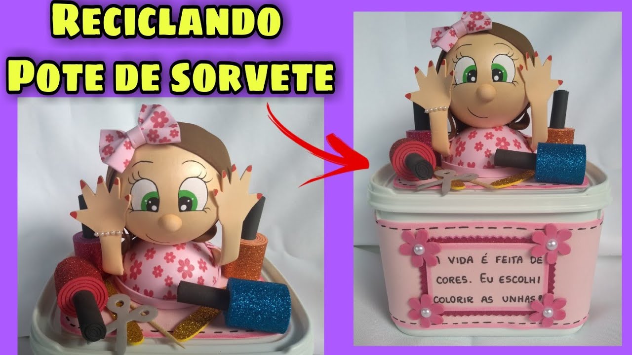 Caixinha de esmalte decorada com eva reciclando pote de sorvete