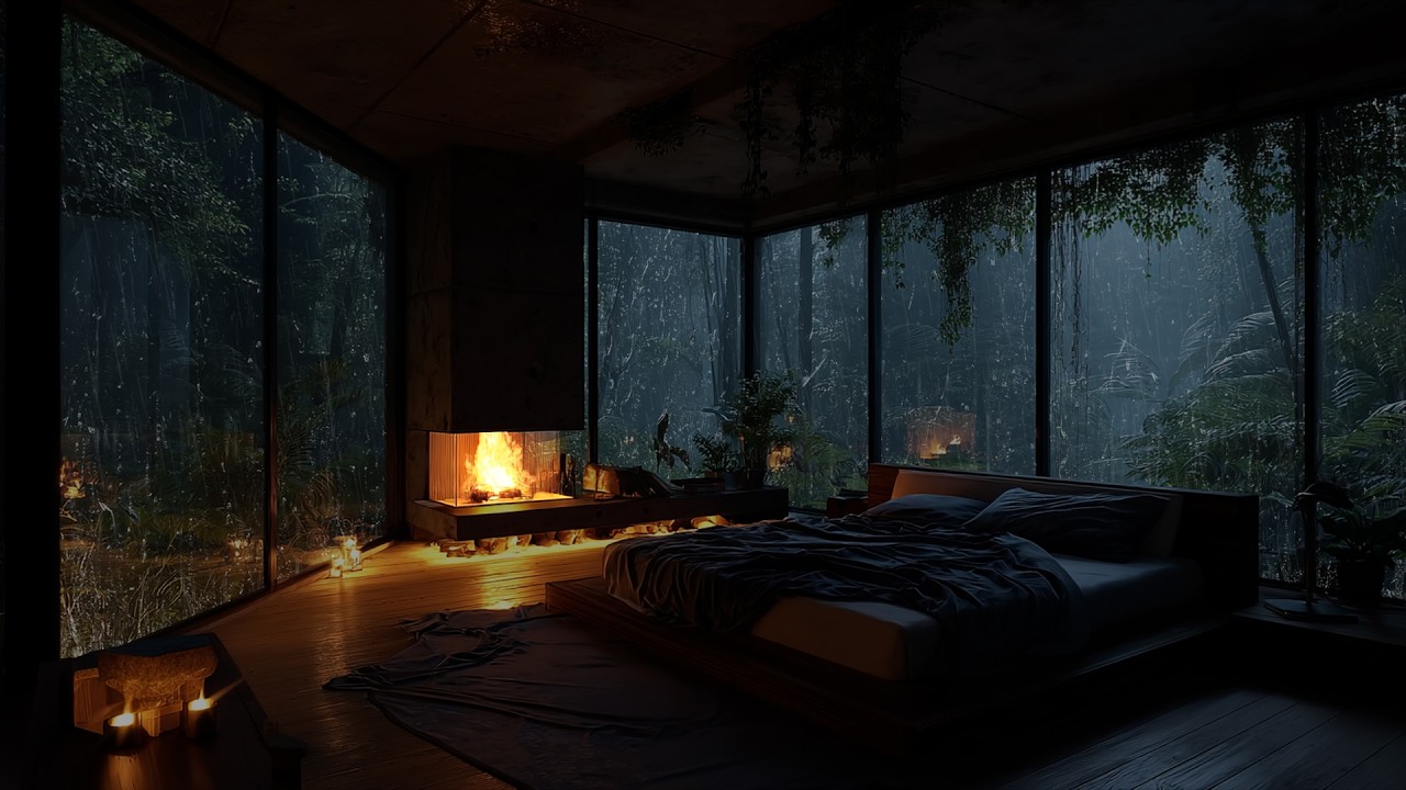Healing Sleep at Night 🌧️ | Rain and Fireplace in a Warm Cozy Bedroom for Deep Rest