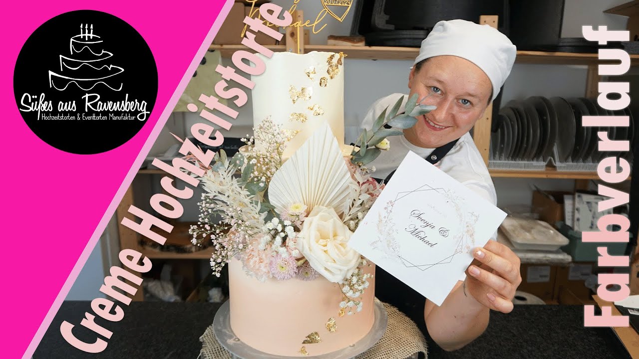 Hochzeitstorte mit Farbverlauf & Blütengesteck dekorieren ✅ Hochzeitstorte von Süßes aus Ravensberg