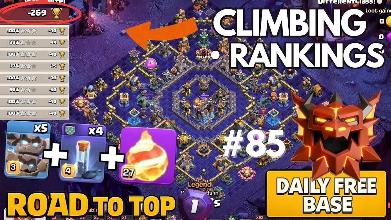 CLIMBING in TOP 50 With FIREBALL METEOR GOLEMS | FREE TH18 BASE LINK | Daily Ranked Attacks #85