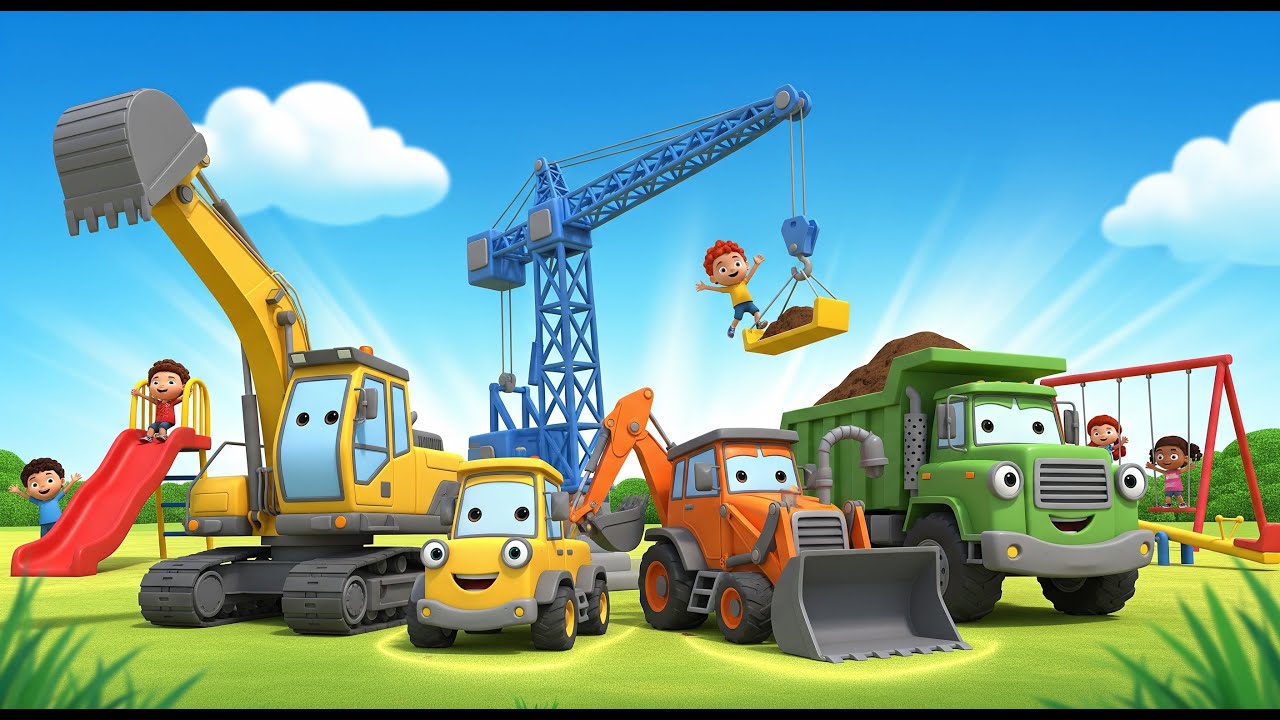 Adventure Diggers: Building a Fun Playground! | Crane, Dump Truck, Backhoe, Excavator, Bulldozer