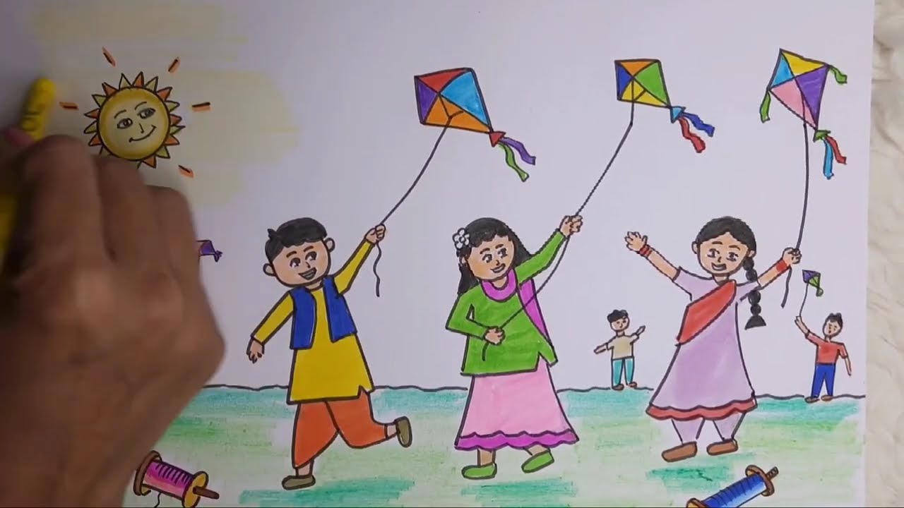 Kids flying Kite on Makar Sankranti Drawing // Kites flying kites drawing for competition 