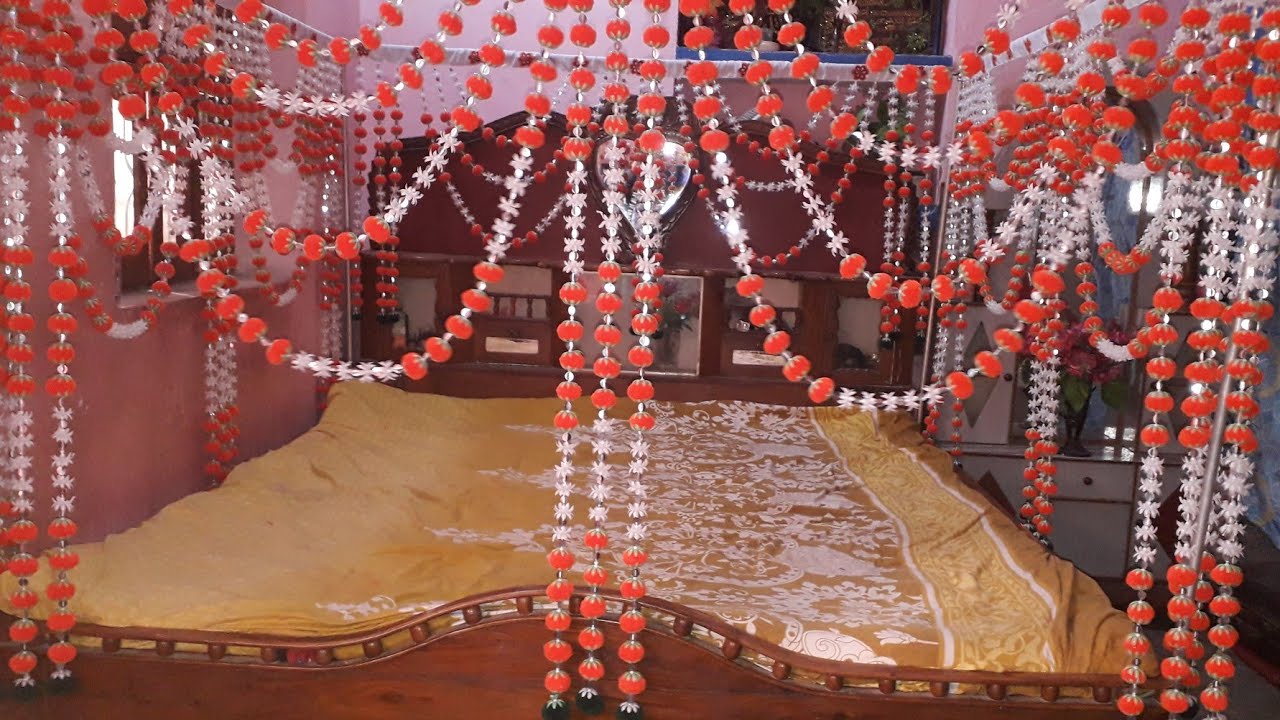 woollen ball se banaye chandni( palang ladi) juhi flowers se banaye chandni.bed curtains.dulhan  bed