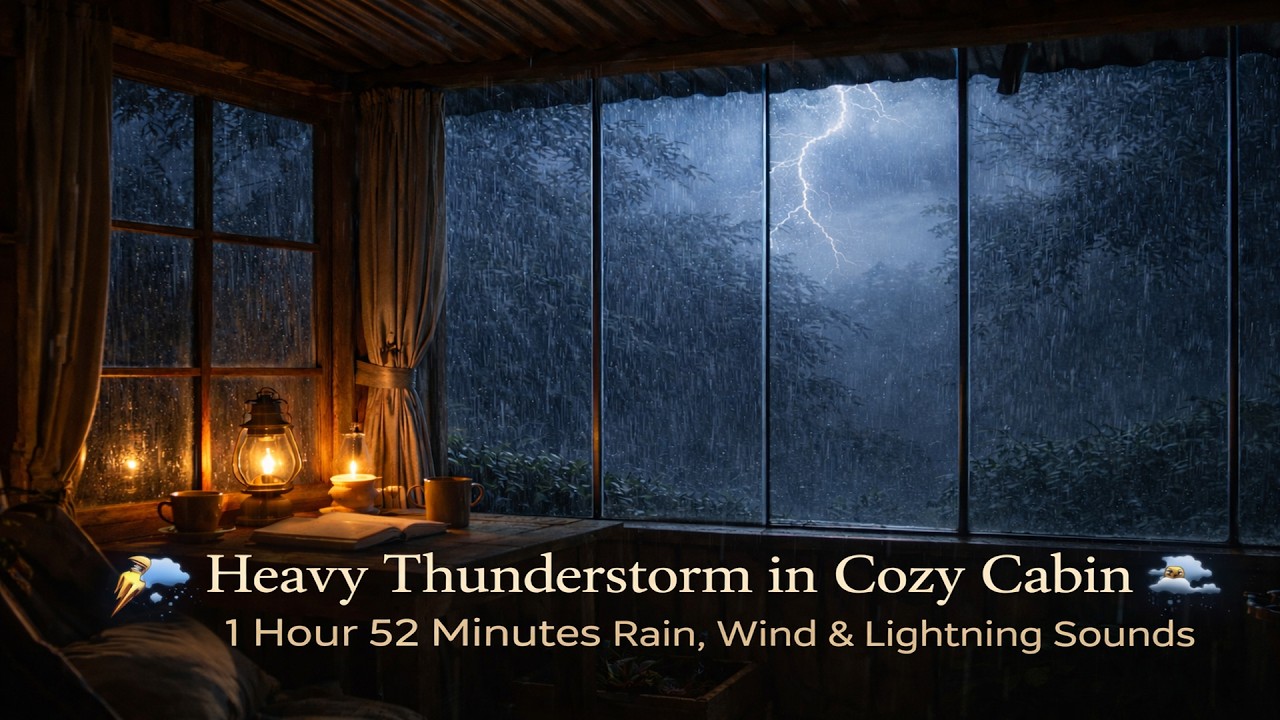 4🌩 Heavy Thunderstorm in Cozy Cabin 🌧 1 Hour 52 Minutes Rain, Wind & Lightning Sounds