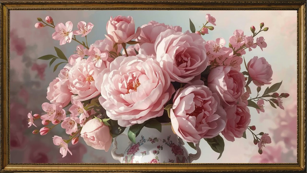 لوحة فنية ساحرة: باقة زهور باللون الزهري 🌹🌸 |Screen Saver for TV