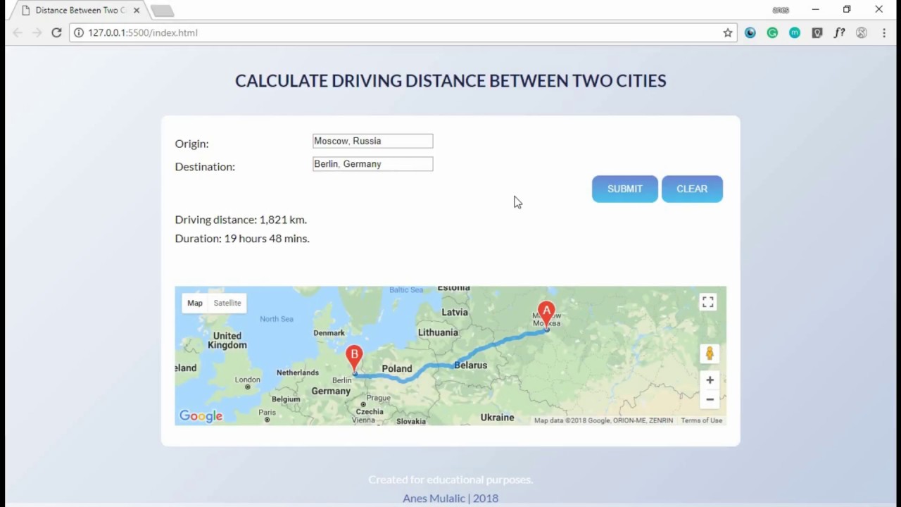 Distance Calculator - Google Maps Distance Matrix API