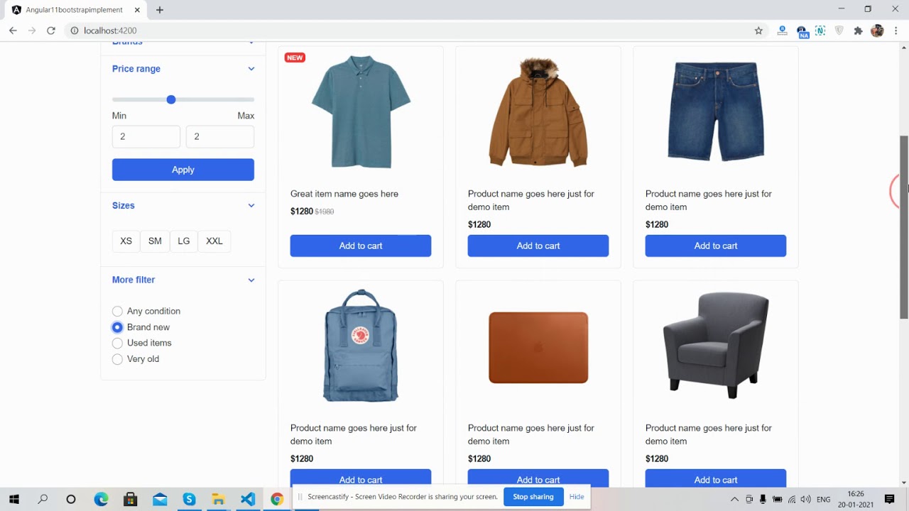 Angular 11 Ecommerce Template Free - Product Listing Page Grid View