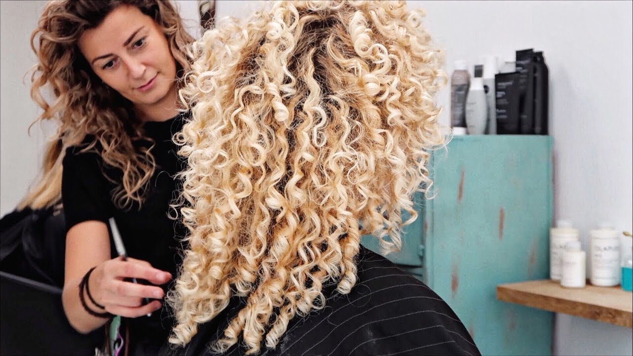dry haircut & colored blonde curls the healthy way *OLAPLEX*