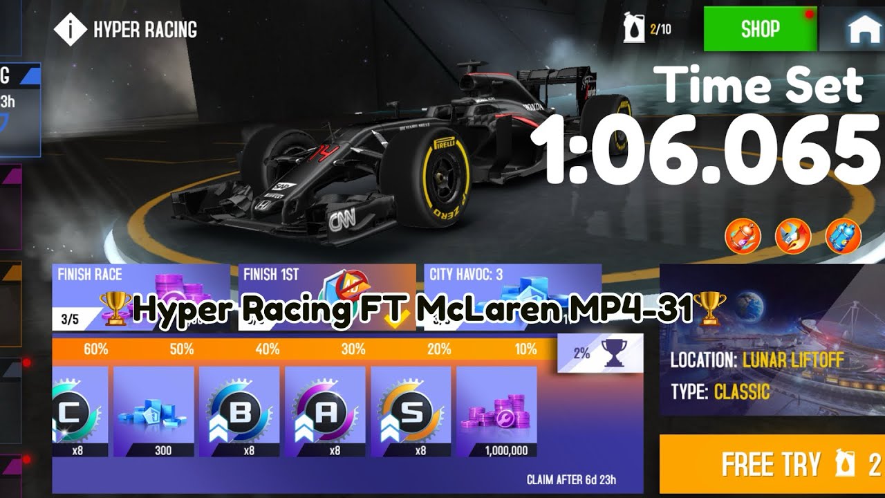 Asphalt 8 - 🏆 Hyper Racing 🏆 - Lunar Liftoff (1:06.065) FT McLaren MP4-31 - Top 2% (Free Try)