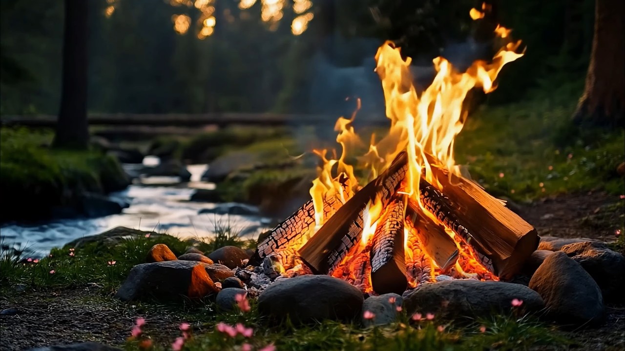 🔥 Deep Relaxation by a River Campfire – Cozy Night, Crackling Fire & Cabin Lights.