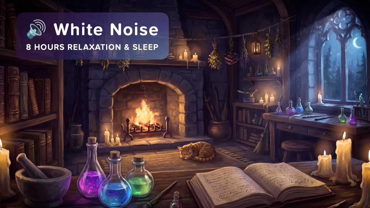🔊 8 Hours Relaxation - Alchemist’s Study | Fireplace, Potion Bubbling & Cat Purring