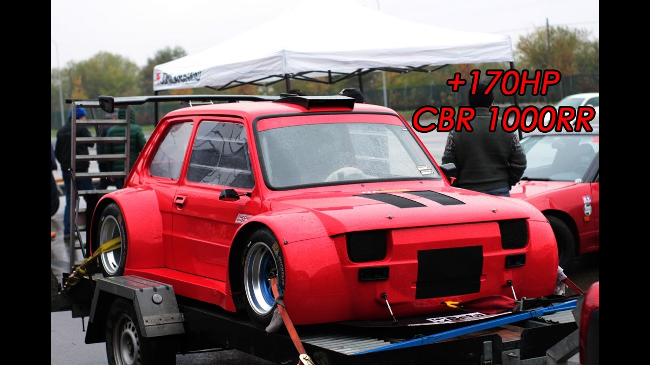 170HP! Fiat 126 MAXI with CBR 1100XX Engine - Action & Sound on track!