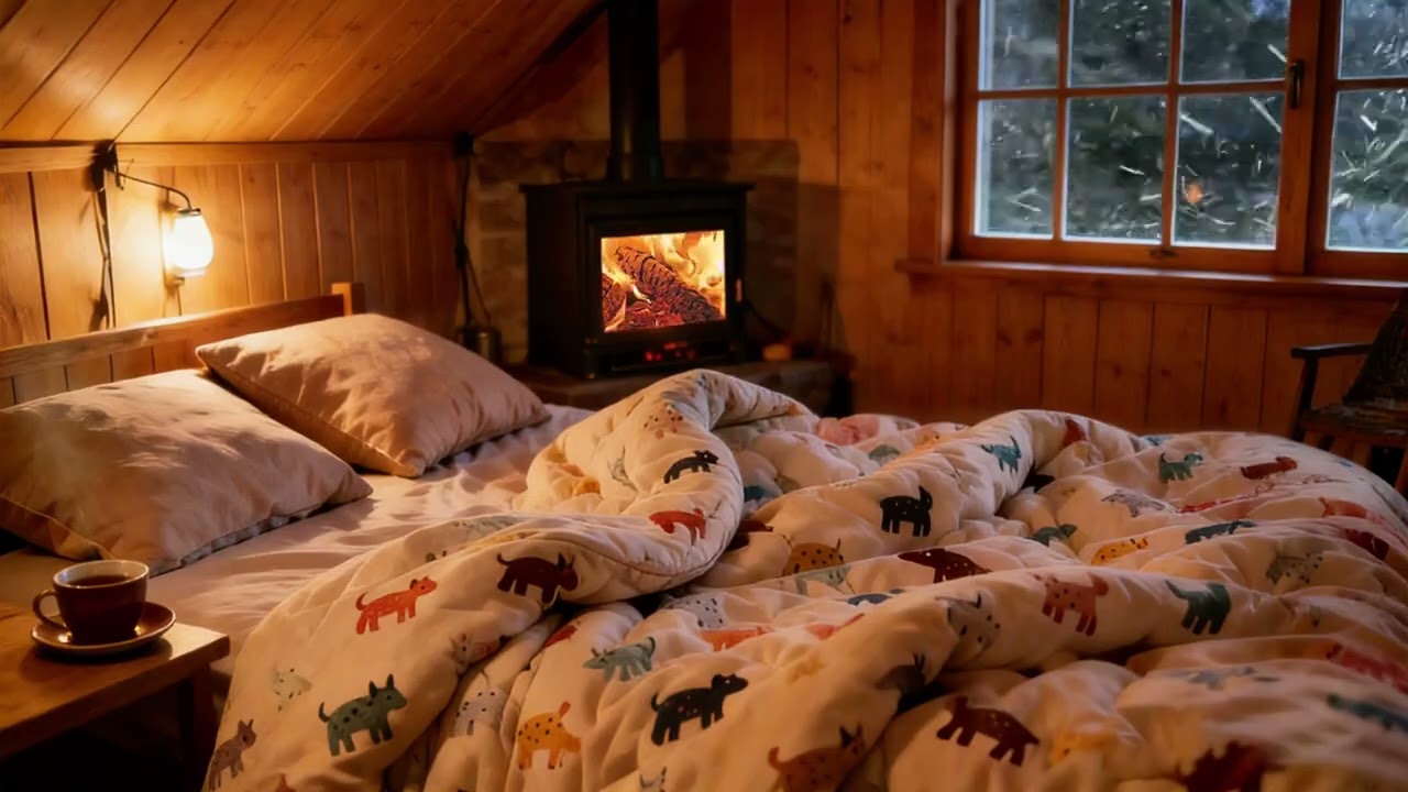 暴雪夜小屋，耳畔有噼里啪啦的木柴声，风雪声，轻松入眠