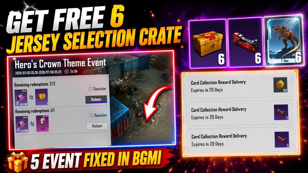 😍GET FREE 6 JERSEY SELECTION CRATE IN BGMI | BGMI 5 EVENT FIXED | TREX CARD TRICK | 7 RED MATERIAL 