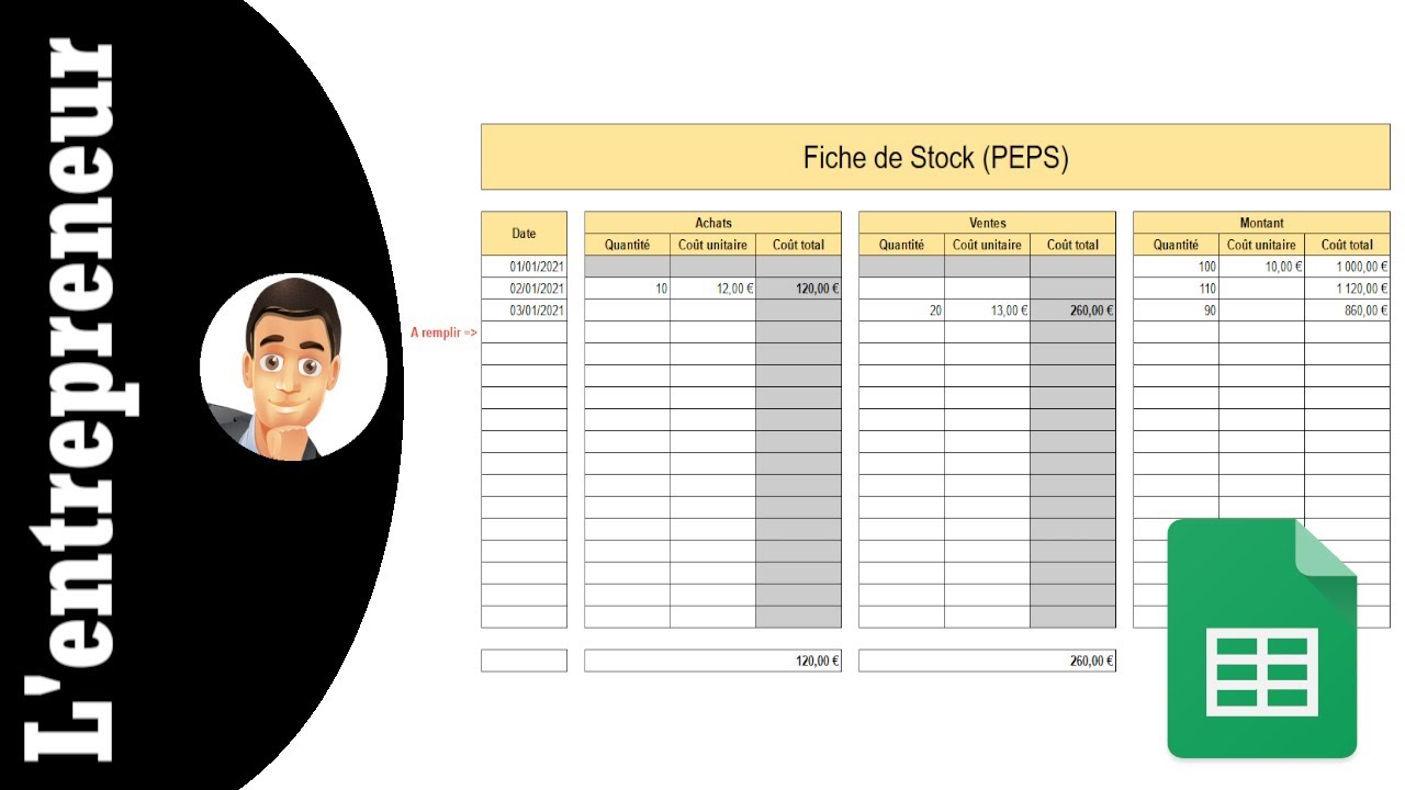 Faire une fiche de stock (PEPS) avec Google Sheets