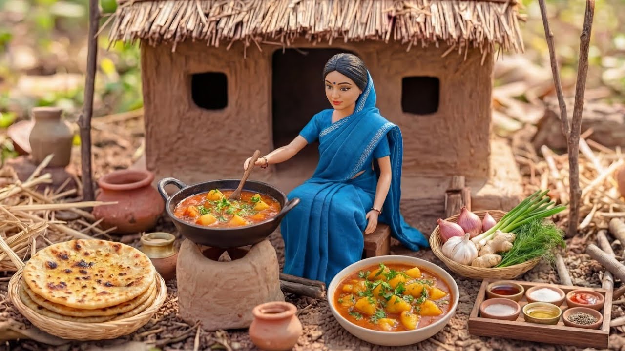 Miniature Doll Makes Soft Paratha & Aloo Sabzi| Indian Village Tiny Kitchen ASMR Cooking