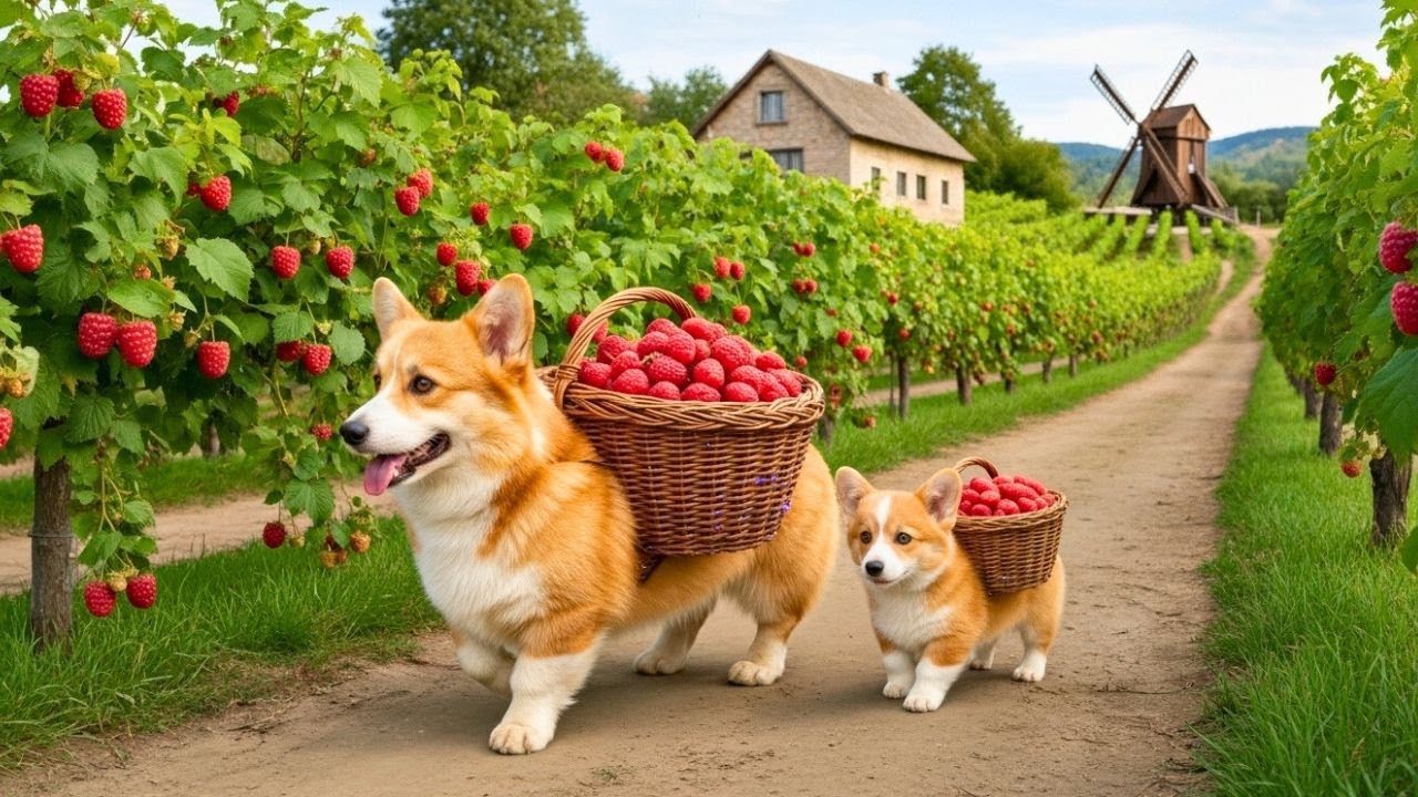 Corgi Mama Harvests Raspberry and Bakes a Fluffy Sponge Cake With Her Puppy 🐾
