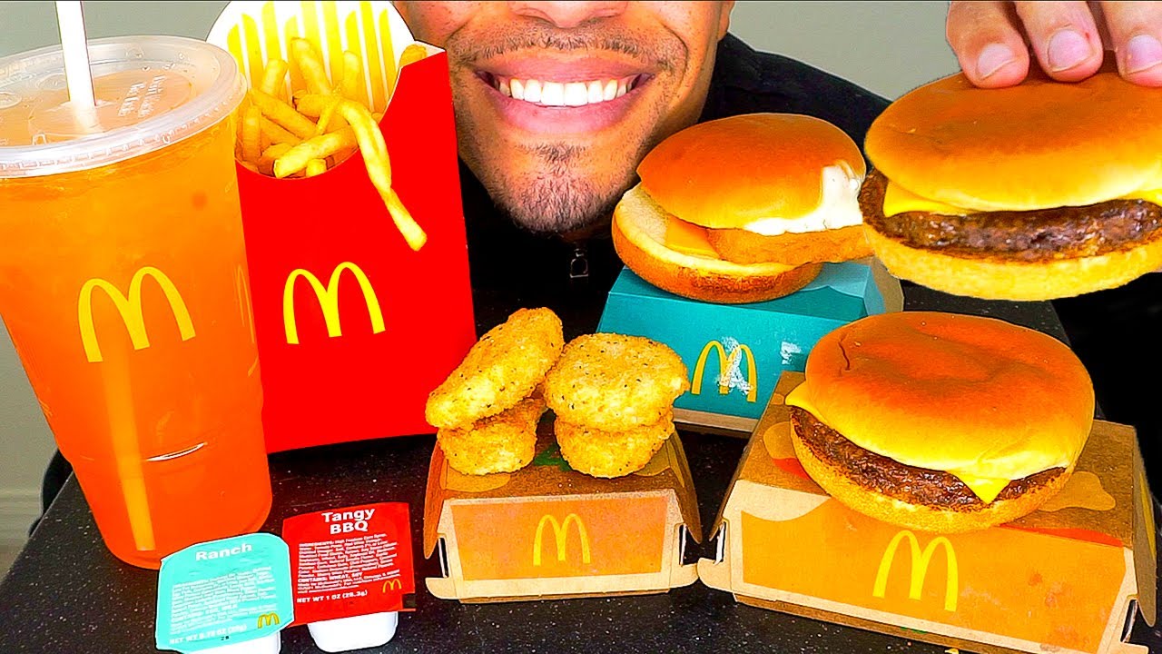 ASMR MCDONALD'S CHICKEN NUGGETS MUKBANG CHEESEBURGER FILLET FISH FRIES EATING SHOW SOUNDS