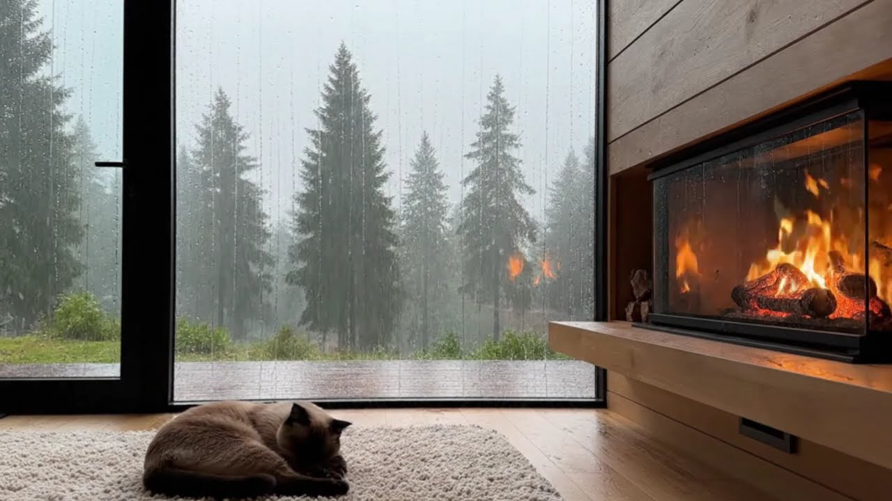 🌧️1 Hours Cozy Rain Ambience by the Fireplace for Deep Sleep & Sleeping Cat Ambience.