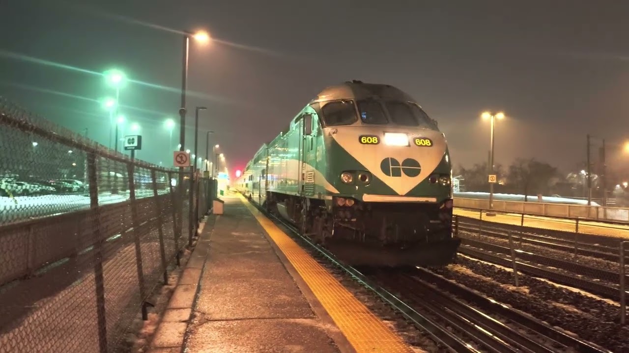 GO Train MP40PH 608 Arriving Departure Scarborough GO Station Pulling 12 Cars Train Old Cab Car 252