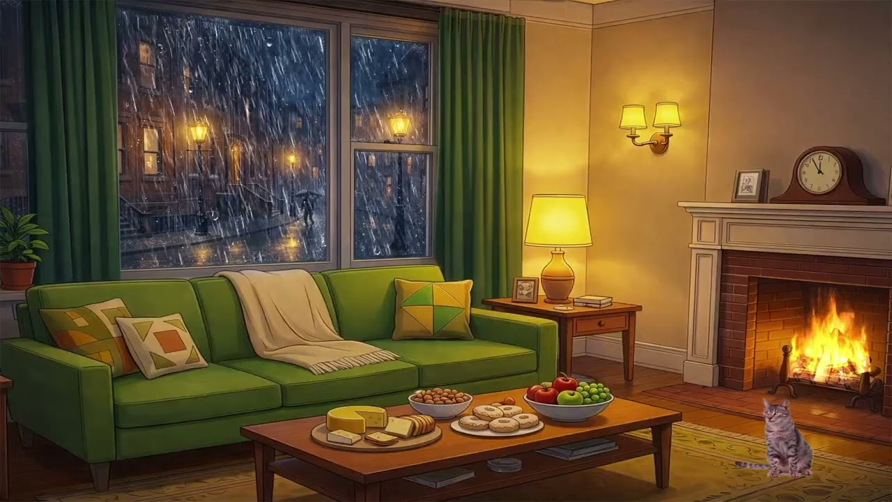 It's rainy cozy night in 1920s with soft music jazz relaxing