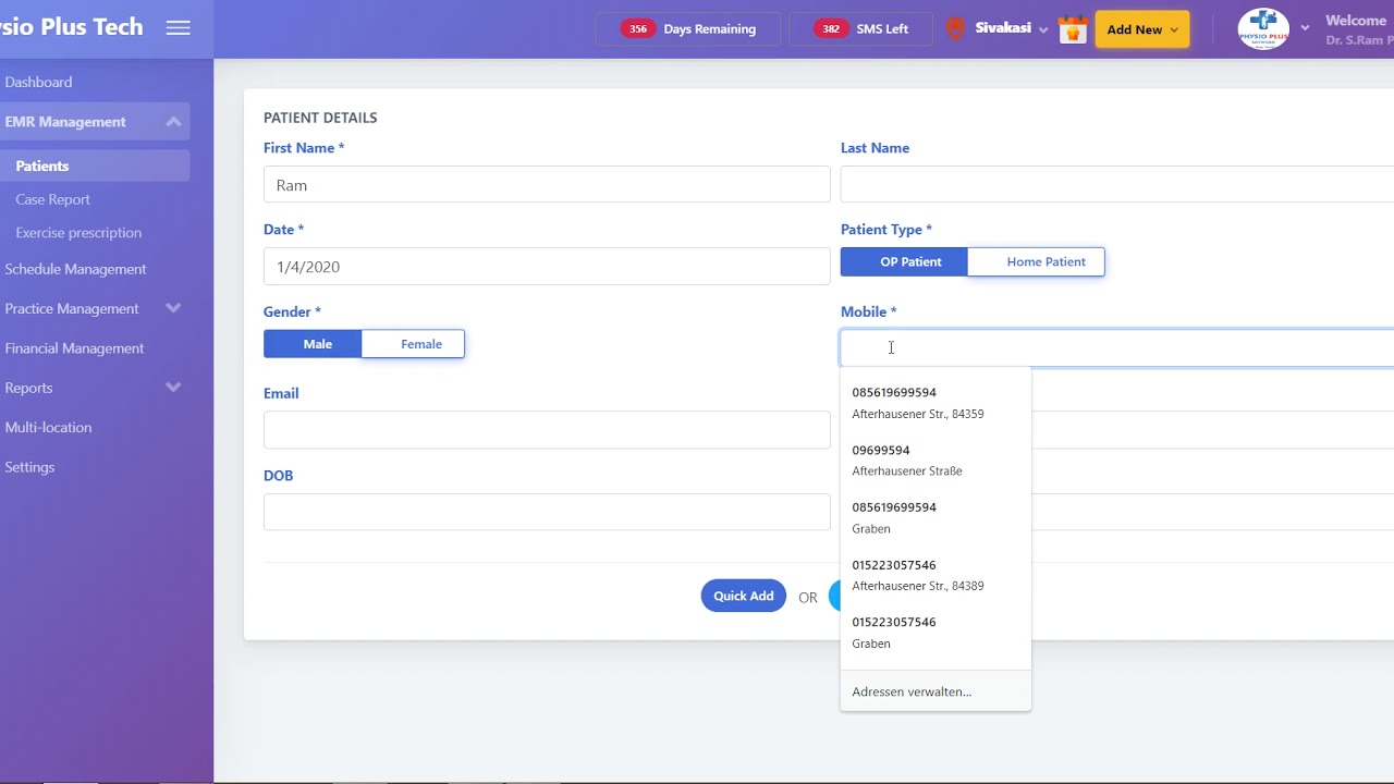 Adding a new patient : Physio Plus Tech : Physiotherapy clinic management software