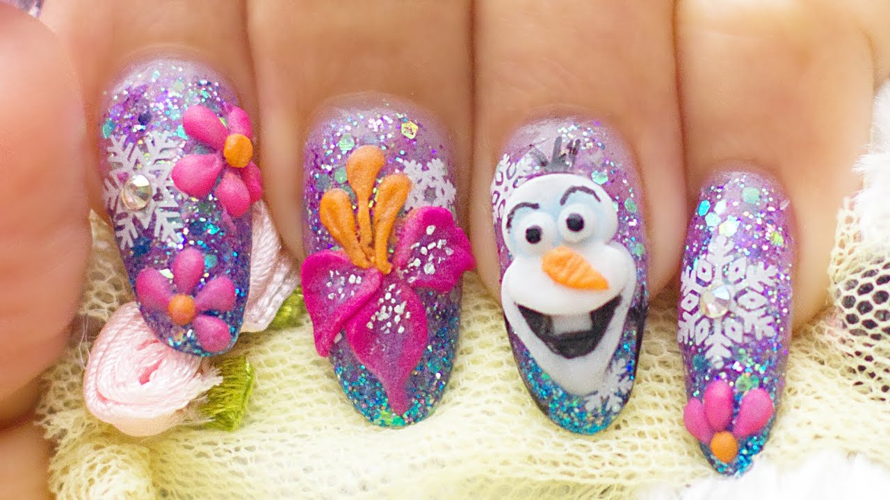 How to do FROZEN OLAF DISNEY WINTER 3D acrylic gel nails with glitter
