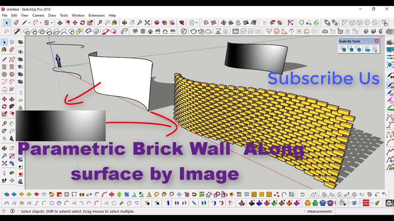 SketchUp Tutorial:  Brick wall Along Surface by Scale Tools (Image)