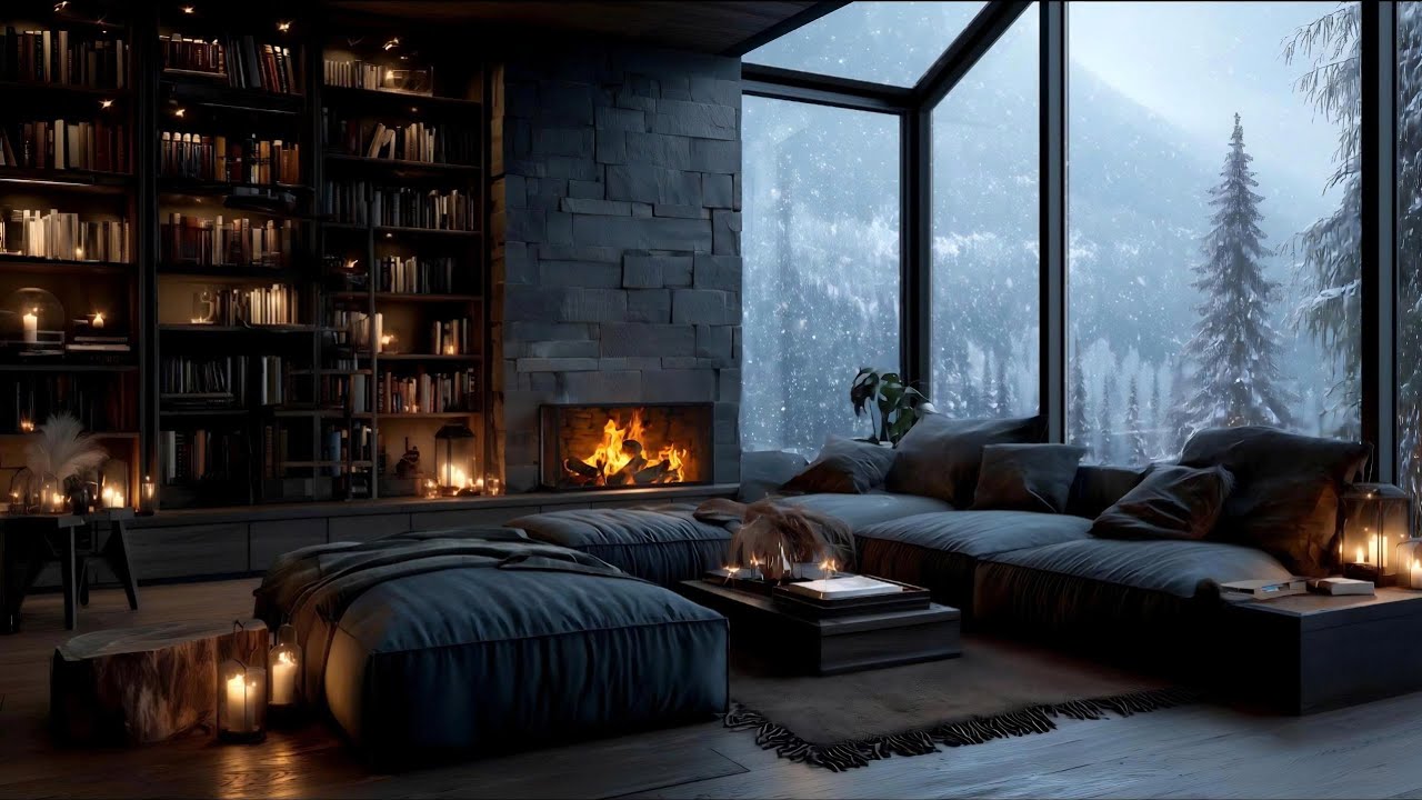 Blizzard Wind & Soft Snow • Cozy Fireplace Bedroom 