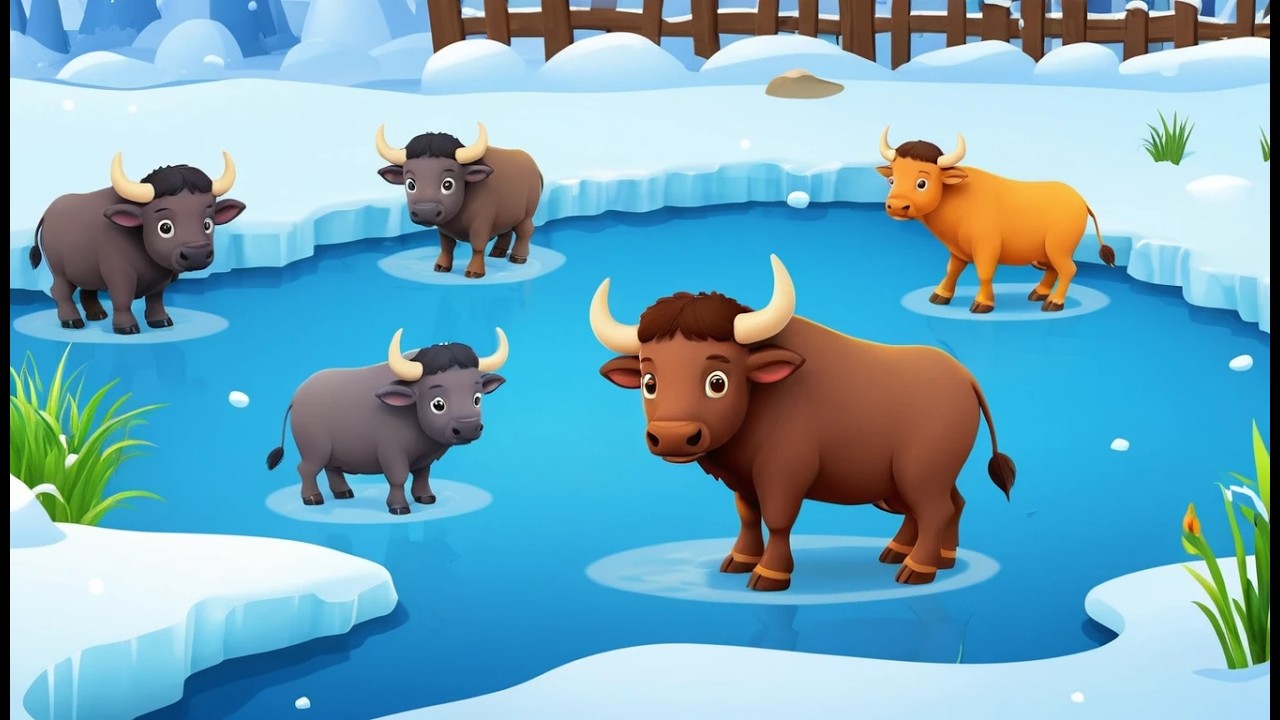 Des buffles se roulent sur un etang gelé