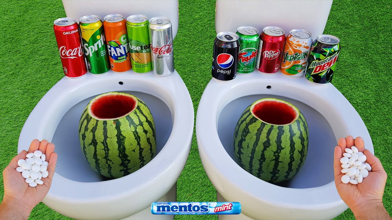 Watermelon VS Coca Cola, Fanta, Pepsi Max, Mtn Dew, Sprite, Yedigün, Fruko and Mentos in toilet