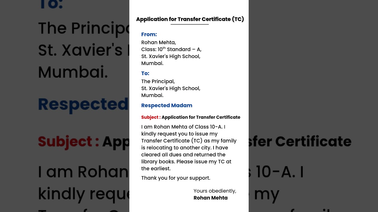 Application for Transfer Certificate | Application for TC from School | TC from College | Format