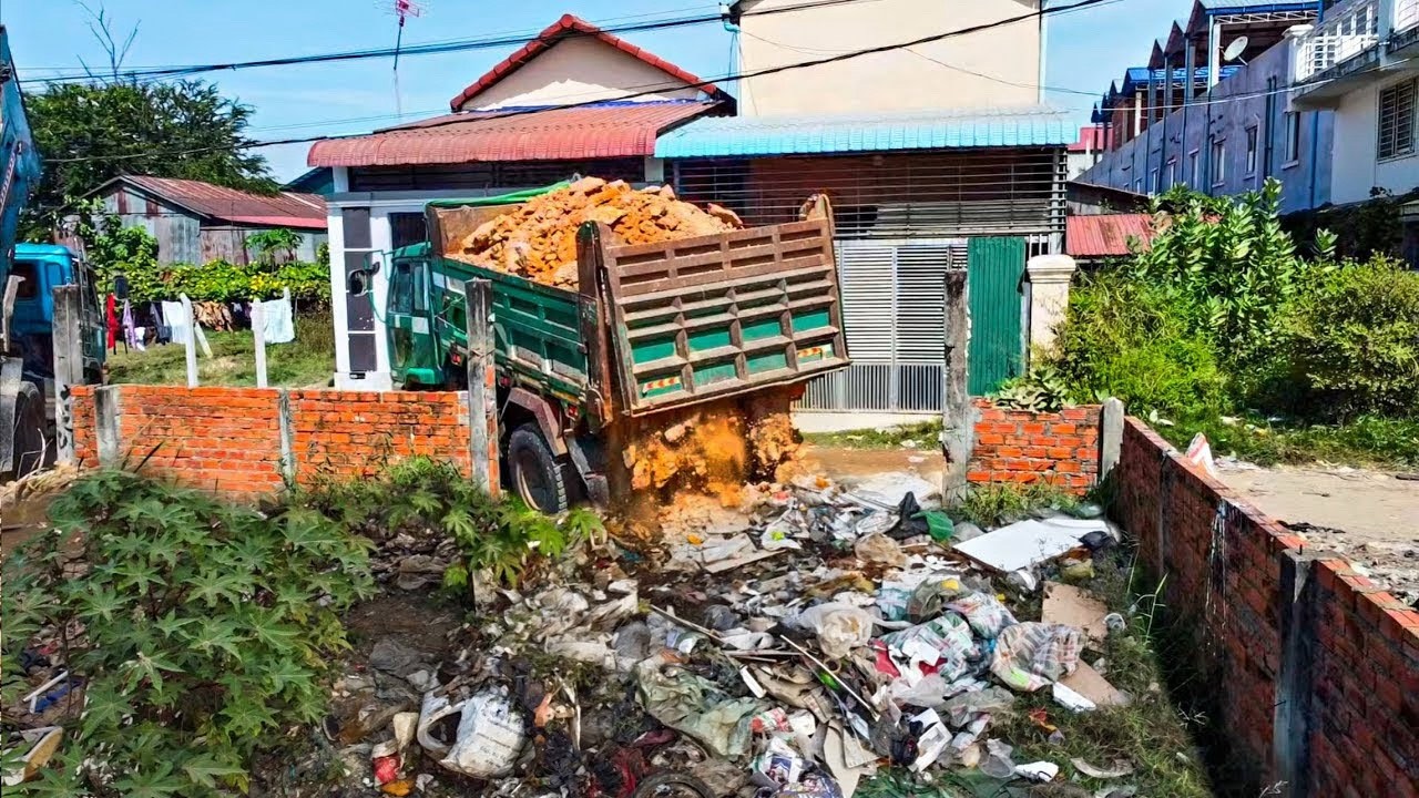 Starting A New Project!! Filling Land Delete Garbage By Bulldozer Pushing Soil with 5ton Trucks