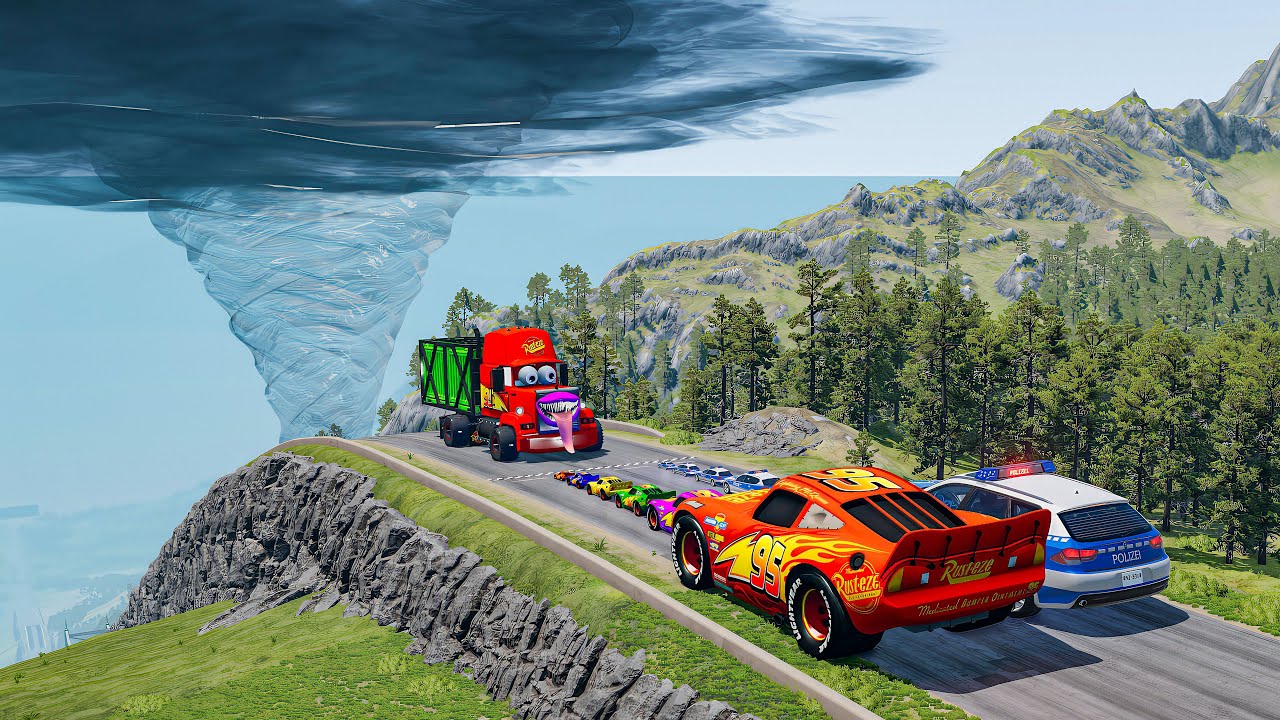 Big & Small McQueen & Police Car vs Zombie Mack & Tornado  Downhill Race – BeamNG.drive