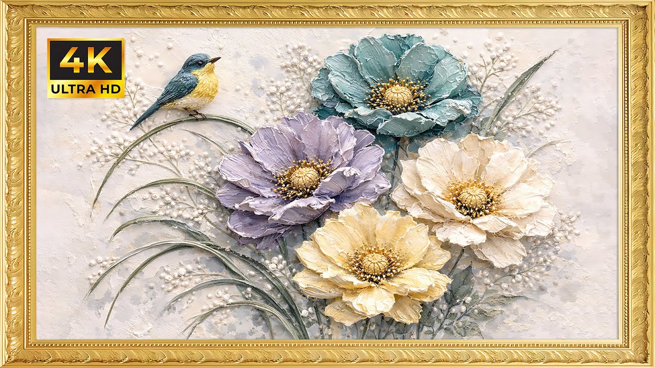Luxurious Peonies & Blue Bird in Gold Frame|4K Textured Art Screensaver |Elegant Floral TV Wallpaper