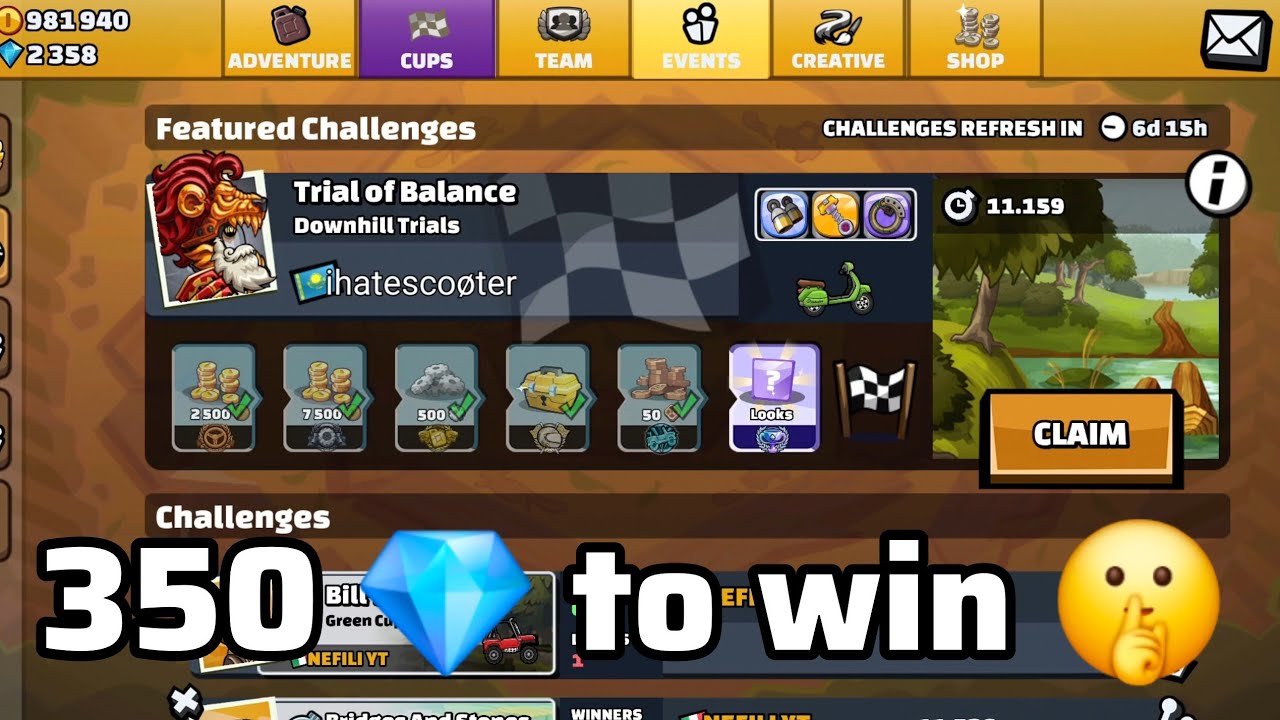 350 💎 FOR FEATURED CHALLENGES 😲 - Hill Climb Racing 2