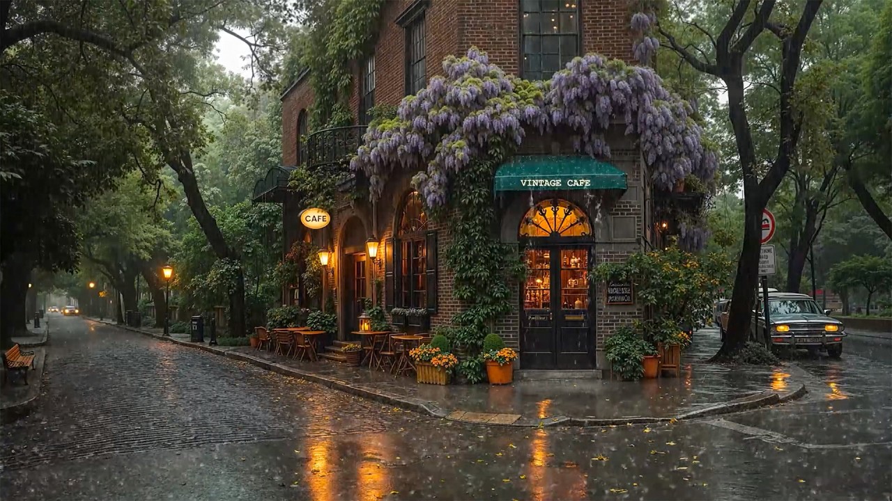 Rainy Jazz Playlist for Focus, Relax & Calm Mind 🌧️ Cozy Vintage Caf&eacute; Corner Street with Rain Sounds