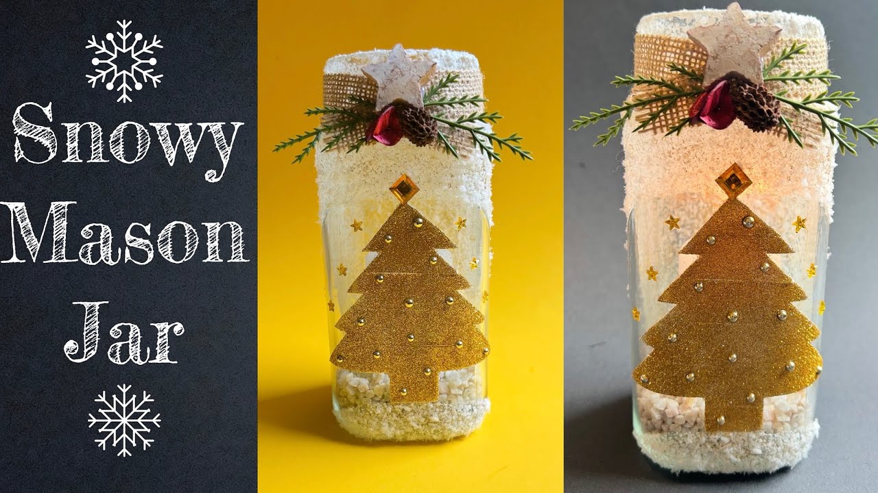 Snowy Mason Jar Candle Holder Christmas decor #diy #recycled #christmas 