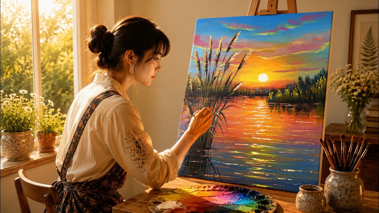 STEP by STEP Acrylic Painting | Easy Sunset Lake Painting #101