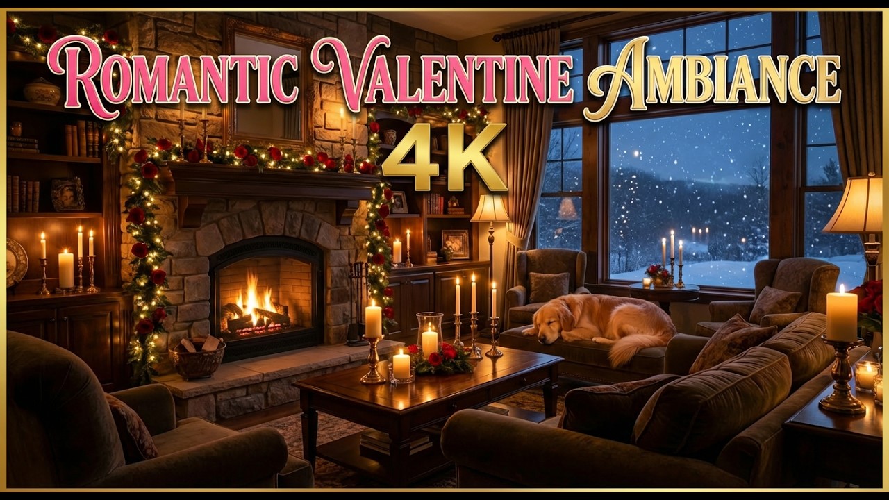 Cozy Valentine Room with Sleeping Golden Retriever | 4K Fireplace Ambiance