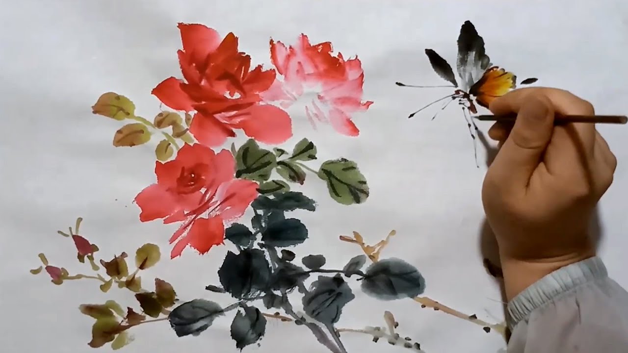 Roses and Buterflly in Chinese watercolor painting