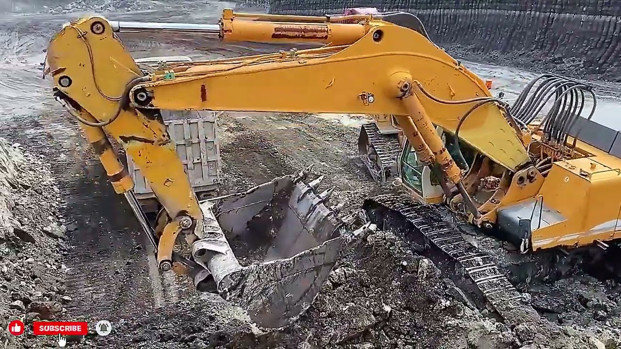 Massive Liebherr 964 Excavator and CAT D6R Bulldozer Teamwork at the Mine