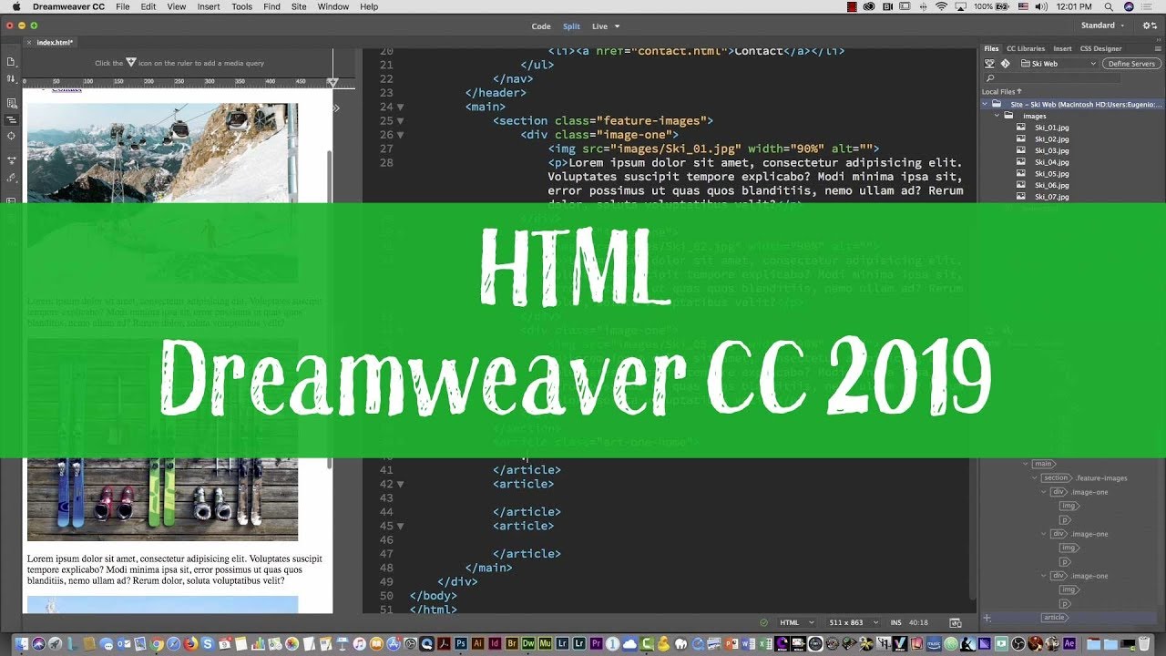 Ski web project 03 - HTML and CSS tutorial with Dreamweaver CC 2019