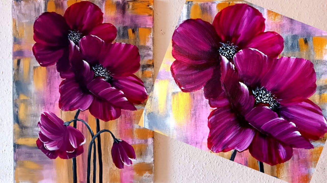 Blumen Malen Acryl Rot Schwarz Gold für Anfänger - Flowers Acrylic Painting Red Black Gold Beginners
